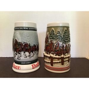 2pcs Budweiser Beer Holiday Christmas Stein Mug Clydesdales Snowy Bridge